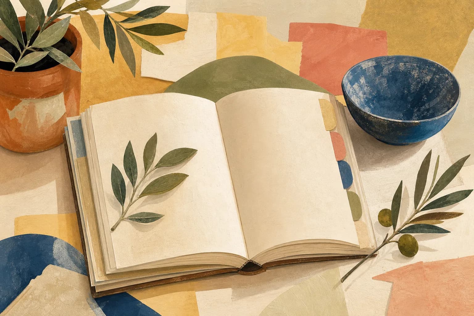 A botanical field journal with abstract unlettered paper tabs, a terracotta pot and olive leaves beside a blue ceramic bowl. Gouache illustration.