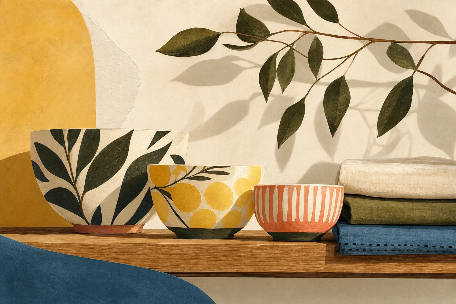 An orderly group of three patterned ceramic bowls and folded linen on a warm oak shelf, branches casting soft shadows. Gouache illustration.
