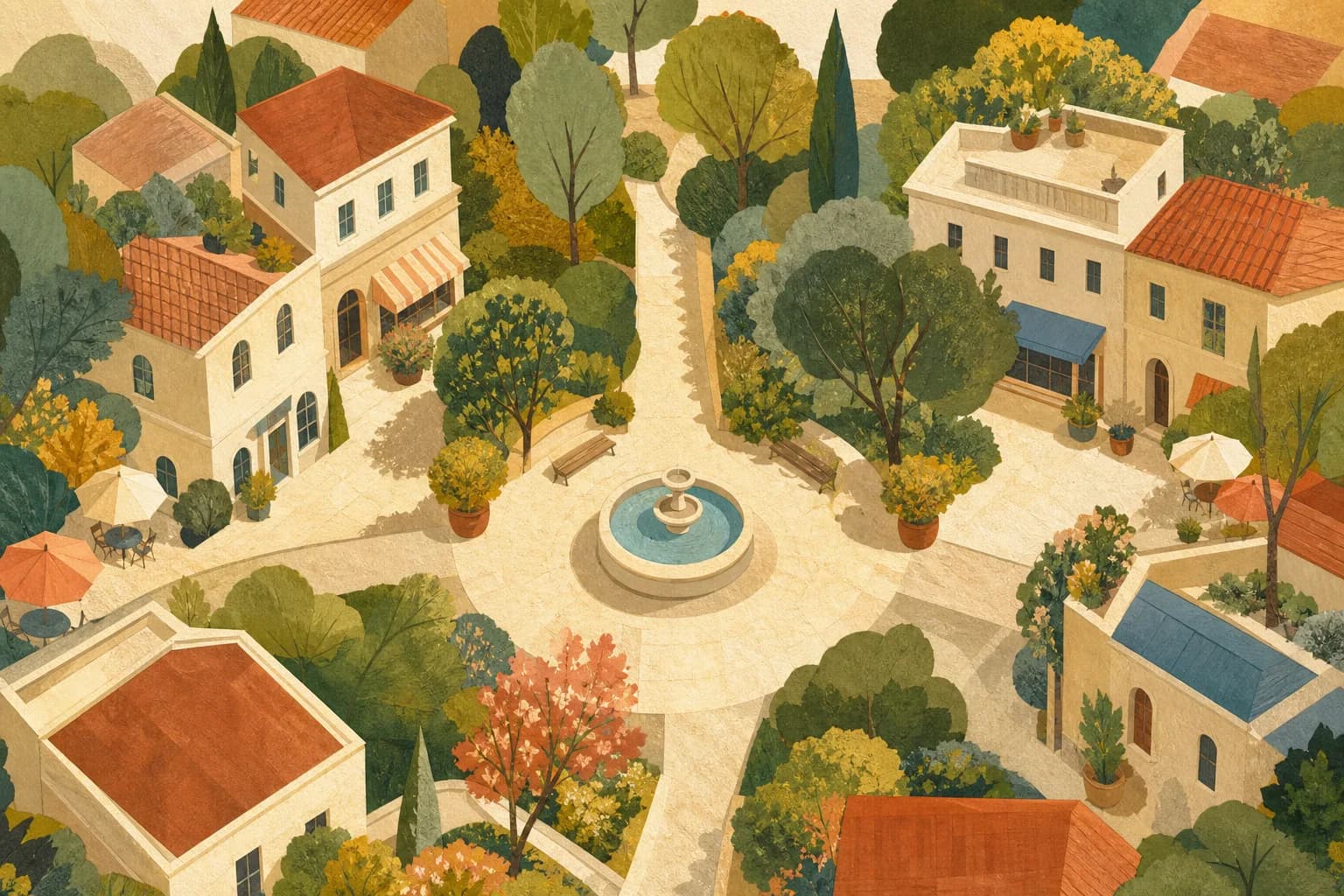 A bird-eye view of a welcoming small neighborhood plaza with three paths, leafy trees, cream buildings and a little fountain. Gouache illustration.