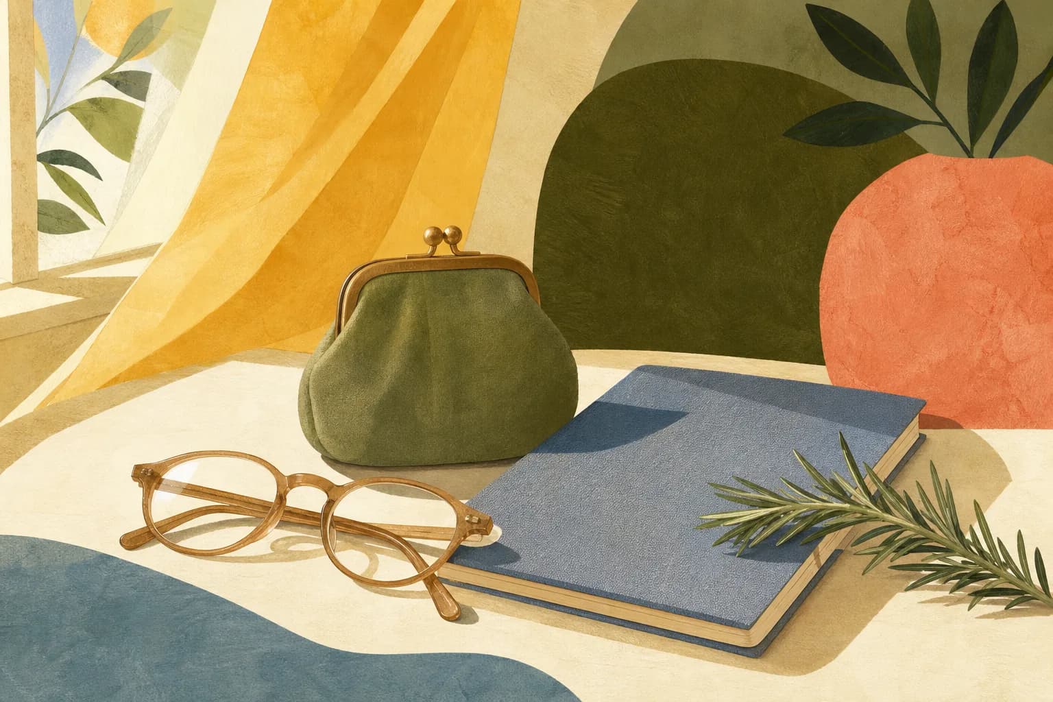 A still life of a closed coin purse, an unlettered paper planner, reading glasses and a sprig of rosemary beside a window. Gouache illustration.