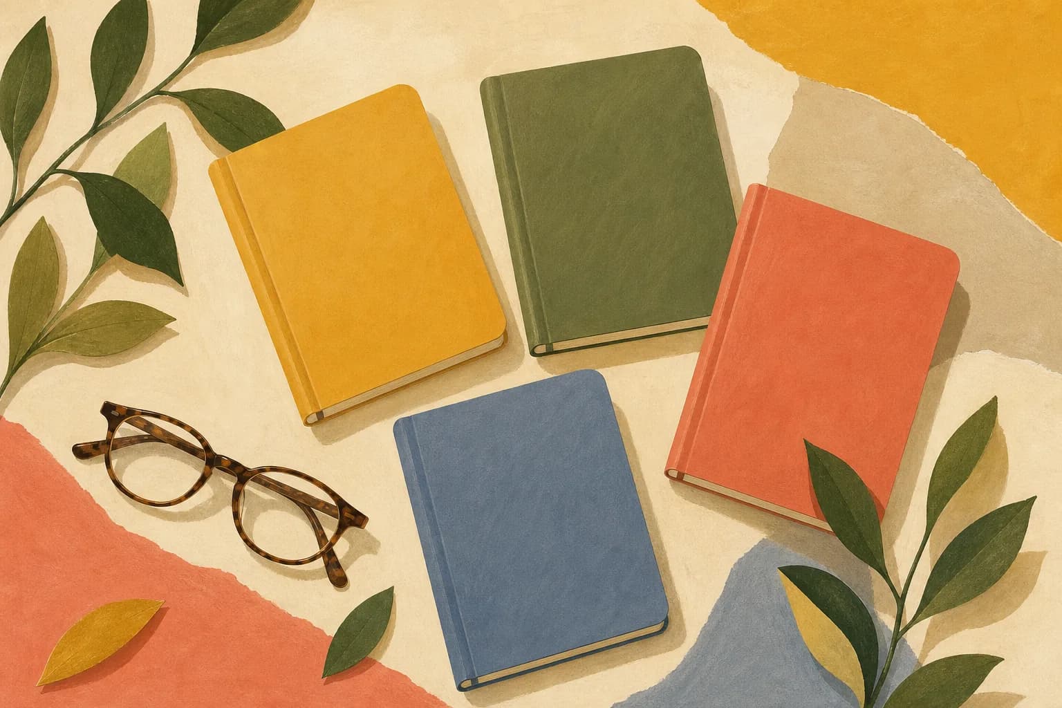 An overhead arrangement of four differently colored closed notebooks, reading glasses and leafy branches on a cream desk, evoking comparing care plans. Gouache illustration.