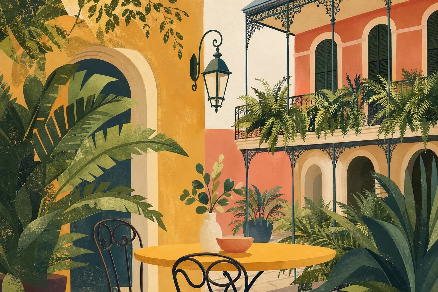 A New Orleans inspired courtyard with wrought iron balcony, large green ferns and a simple ochre cafe table. Gouache illustration.