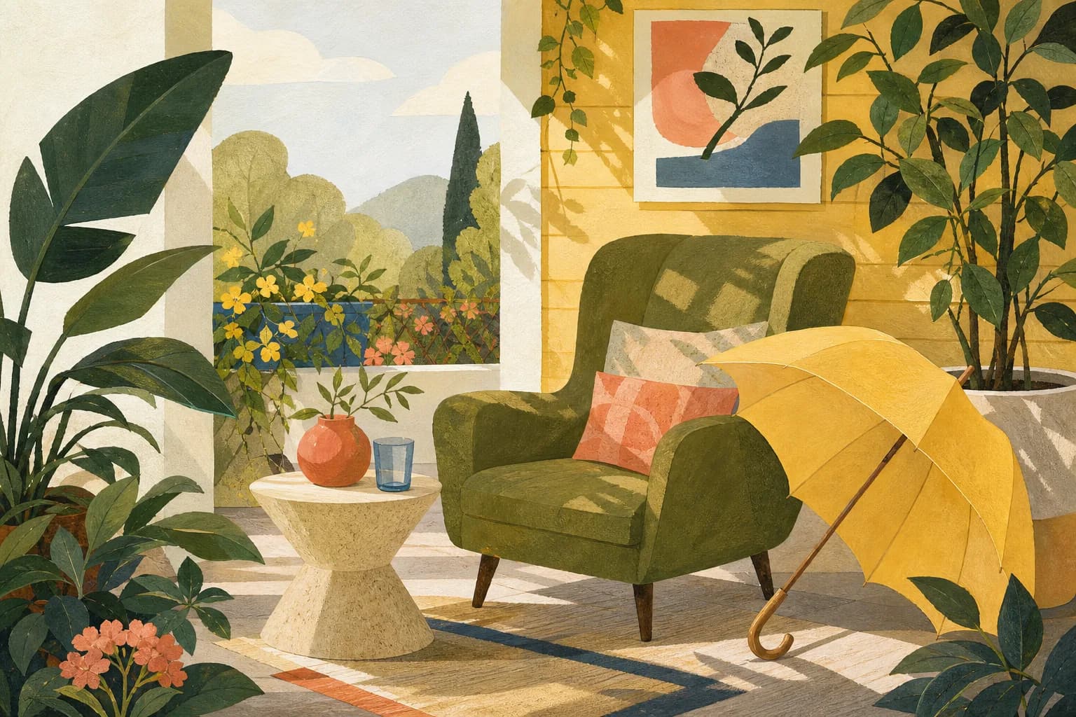 A butter yellow open umbrella resting beside a sage armchair in a sunny plant-filled porch. Gouache illustration.