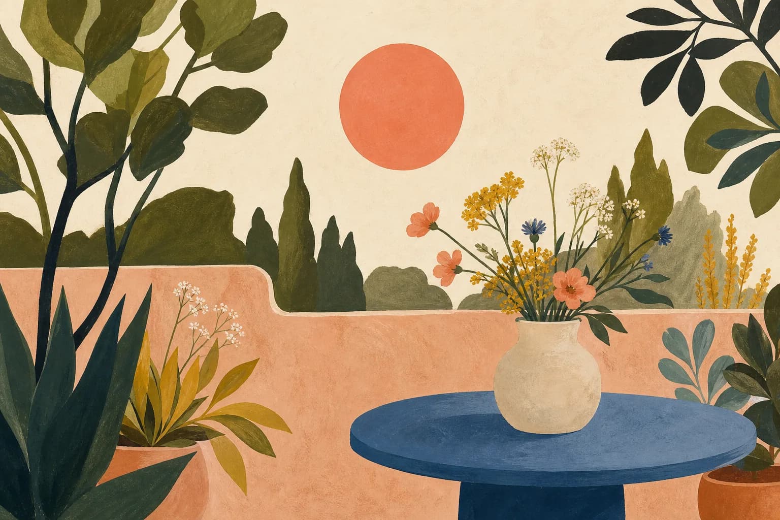 A coral colored circular sun above a quiet garden wall, with a round blue table and vase of field flowers. Gouache illustration.