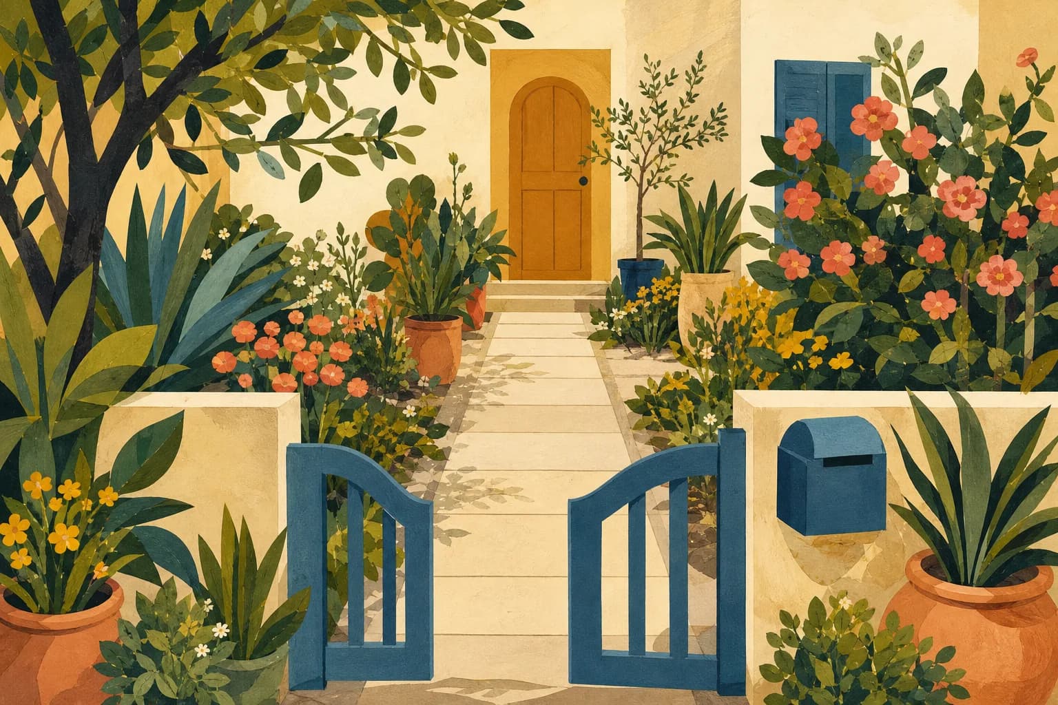 A straight paved garden walkway leading from a blue front gate to an ochre door, potted plants and a little mailbox with no letters. Gouache illustration.