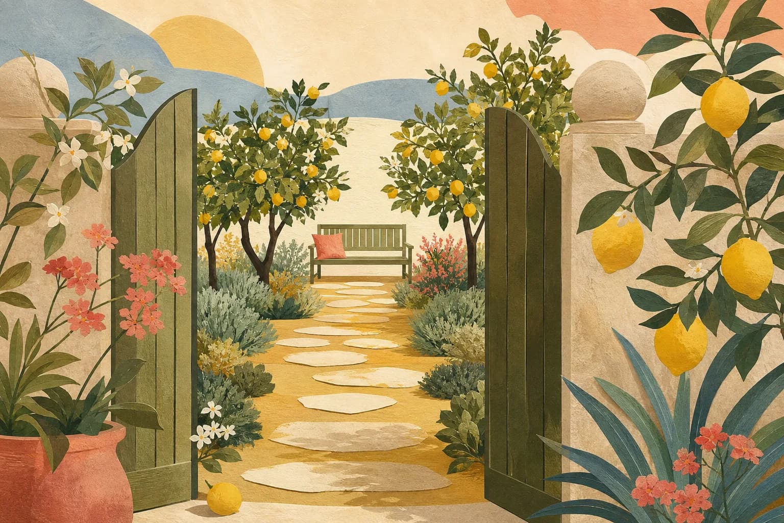 A secluded garden gate opening to a stepping-stone path between lemon trees with a simple bench at the far end. Gouache illustration.