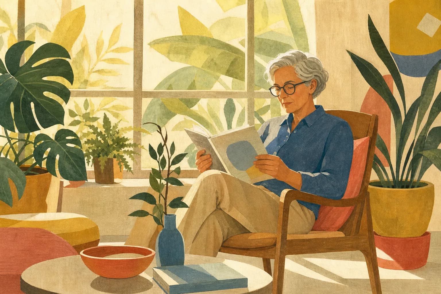 A simple seated person around sixty reading a journal in a sunny conservatory, natural proportions, no body transformation cues. Gouache illustration.