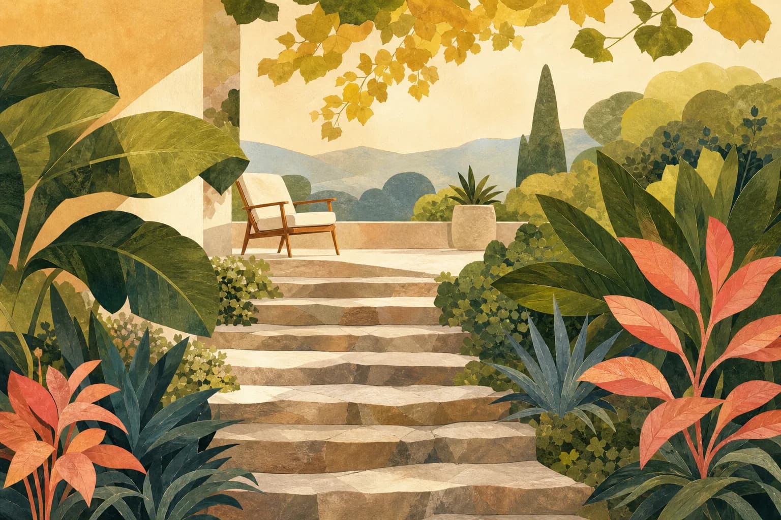 A stone garden staircase rising gently between broad-leaf plants toward a sunlit terrace with a reading chair. Gouache illustration.