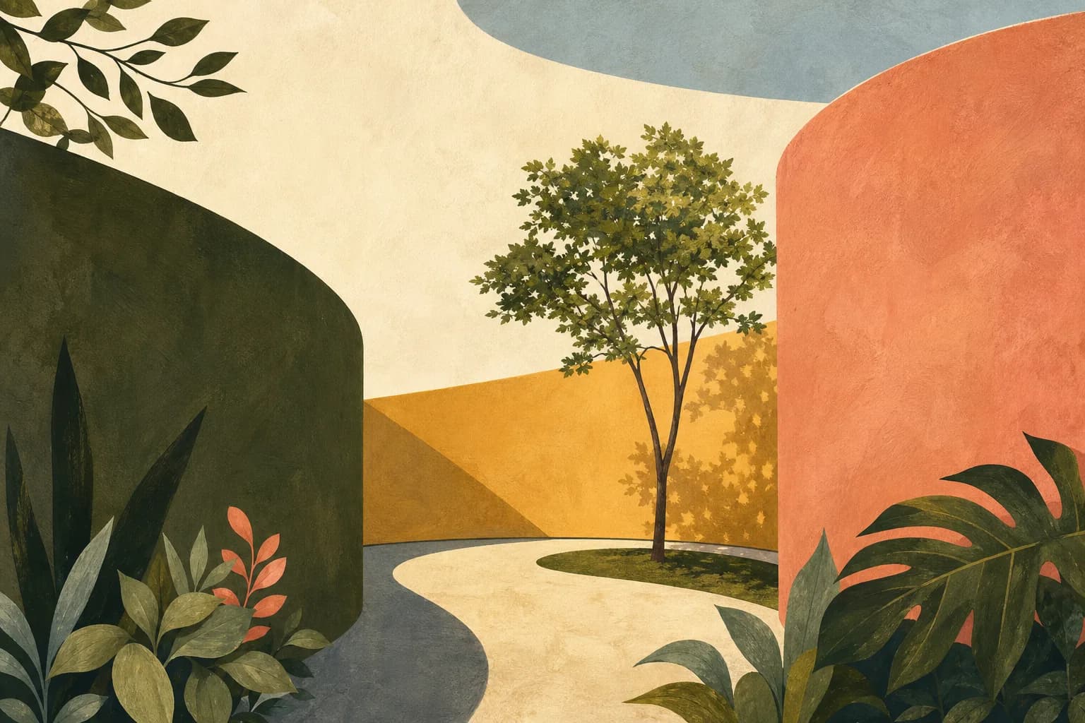 A pair of intersecting curving garden walls forming an elegant geometric courtyard with one small leafy tree. Gouache illustration.