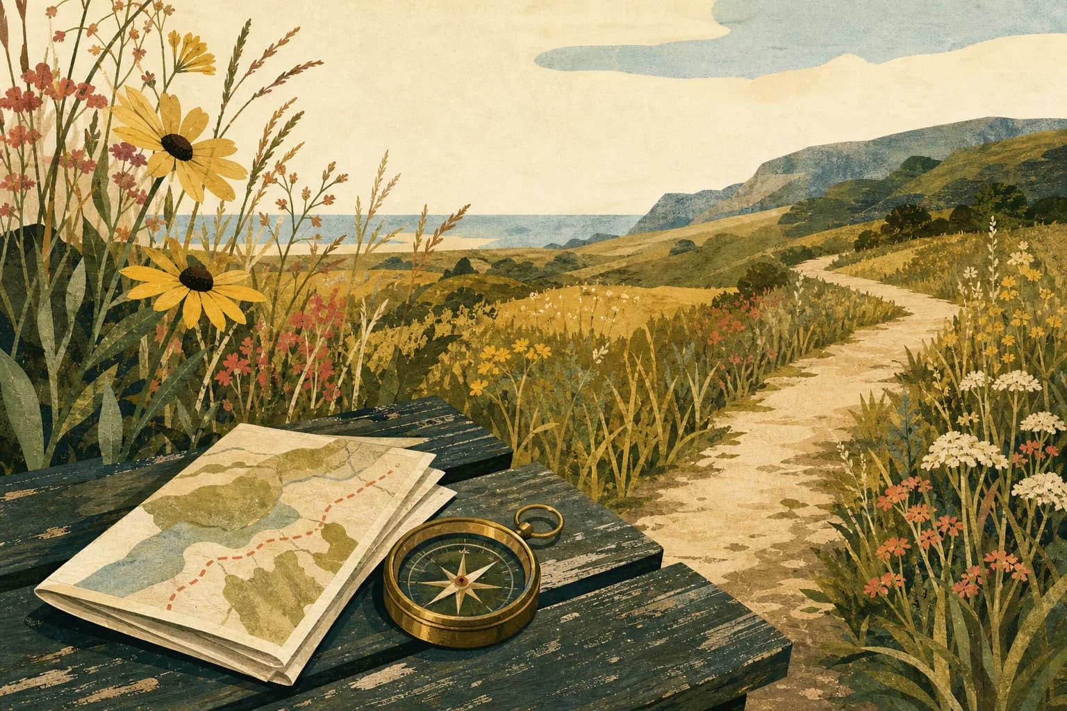 A small folded field map and brass compass on a weathered bench beside a trail through flowering grasses. Gouache illustration.