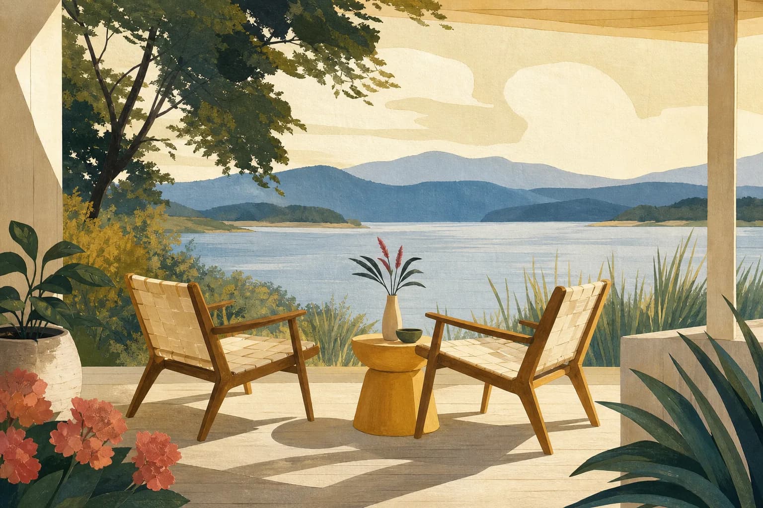 A breezy lakeside veranda with two simple wooden chairs and a mustard side table, distant blue hills and reeds. Gouache illustration.