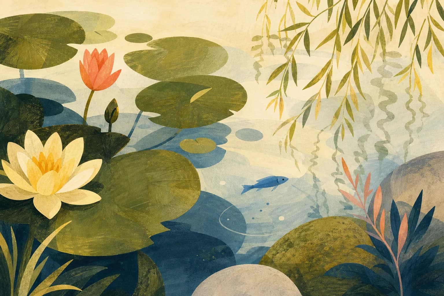 A tiny blue fish swimming below lily pads in a quiet garden pond with a willow branch reflected on the water. Gouache illustration.