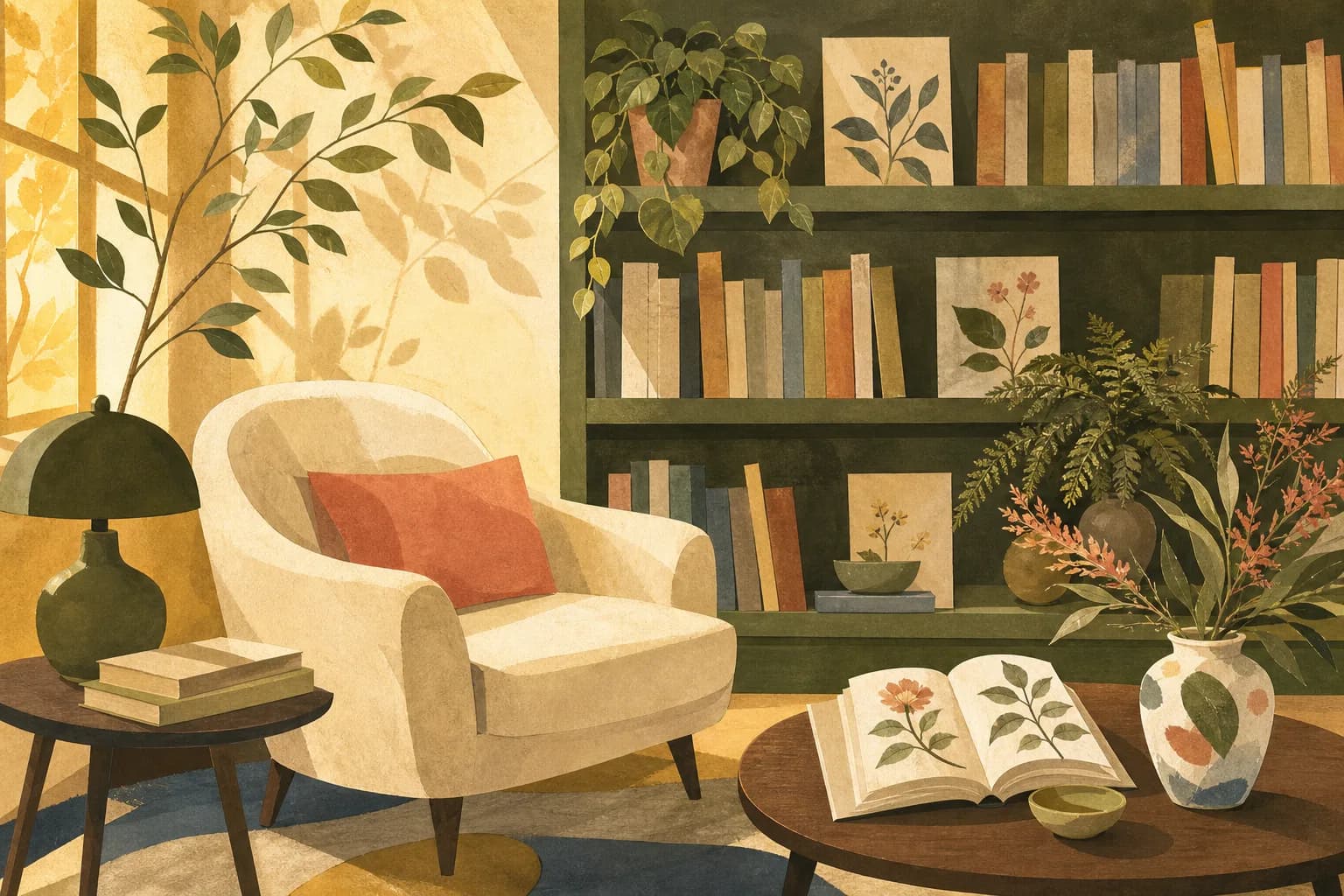 A quiet library nook with a cream armchair, botanical books, an olive lamp and warm yellow window light. Gouache illustration.
