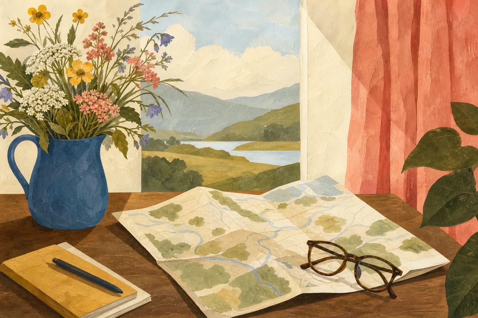 An orderly desk with a folded paper map, reading glasses, a blue pitcher of wildflowers and coral curtains. Gouache illustration.