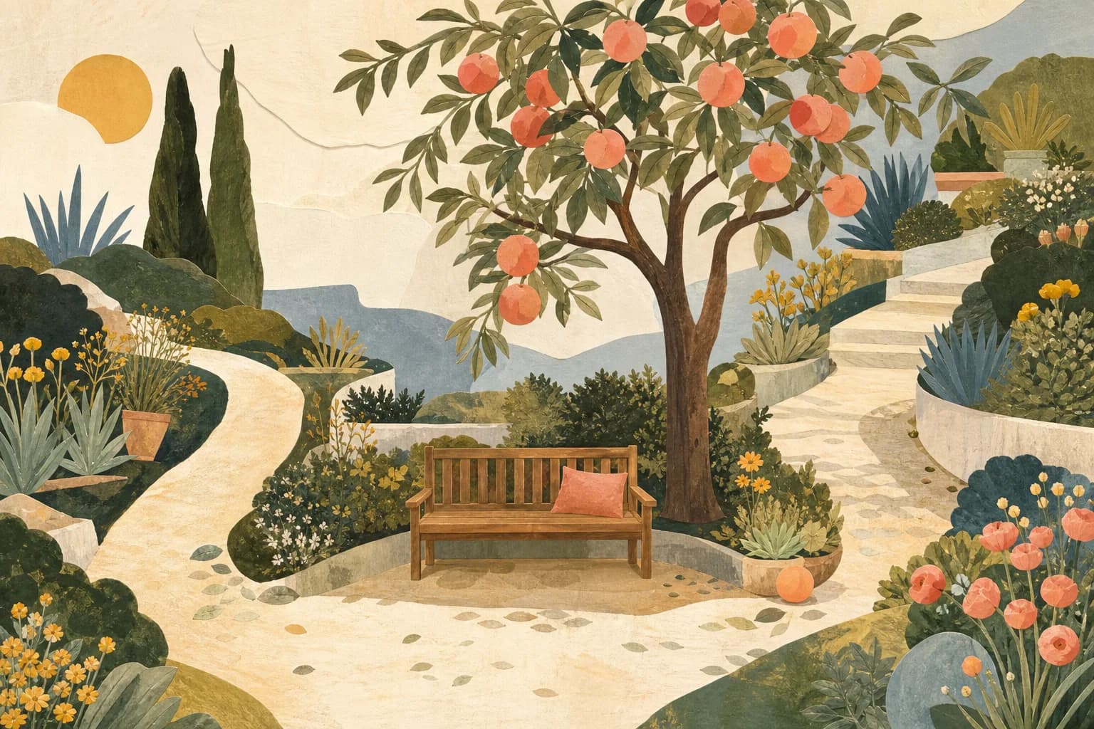 A split-level terraced garden with two curved pathways meeting at one wooden bench below a peach tree. Gouache illustration.