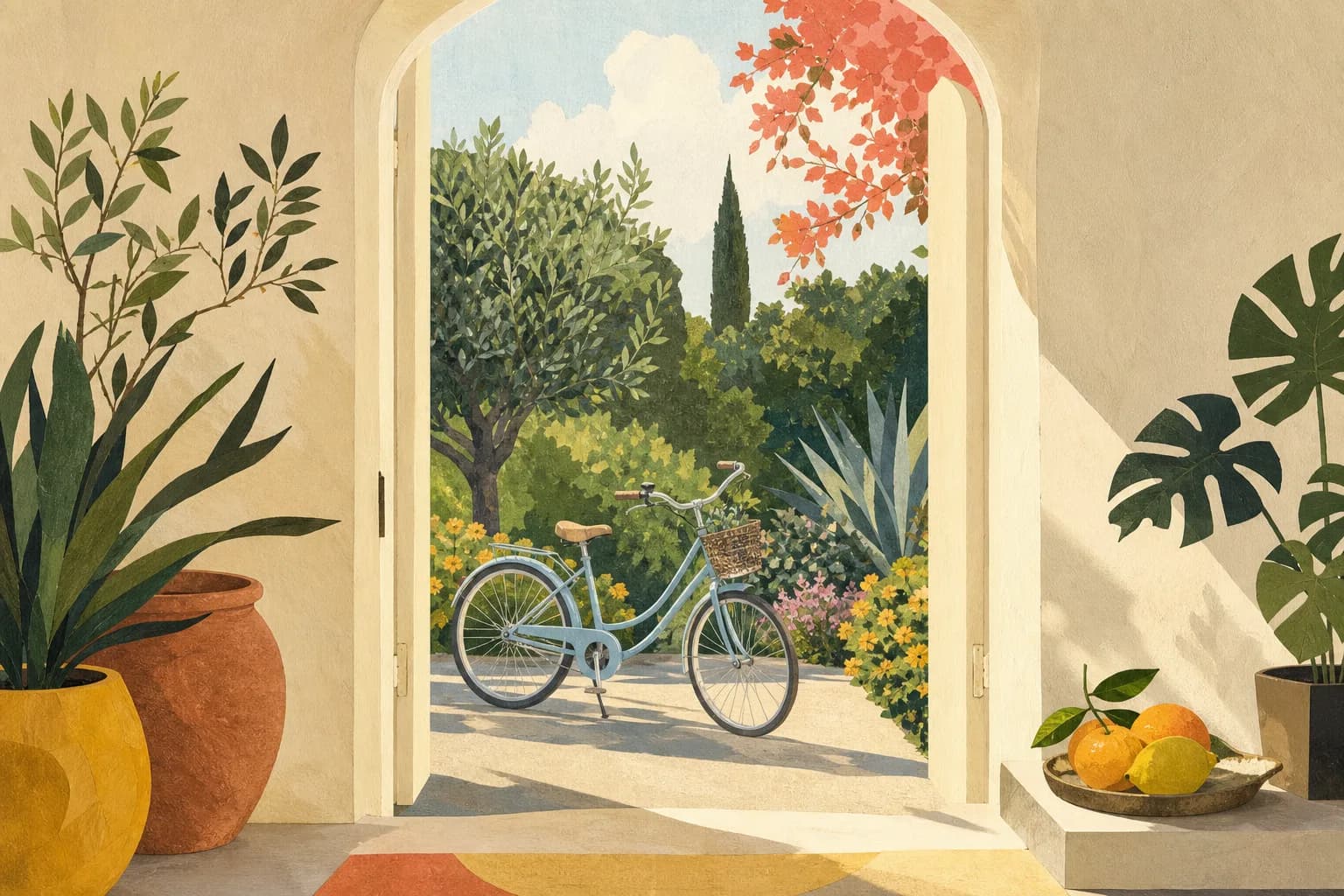 A broad cream doorway opening onto a garden with a pale blue bicycle and a small tray of citrus on a step. Gouache illustration.