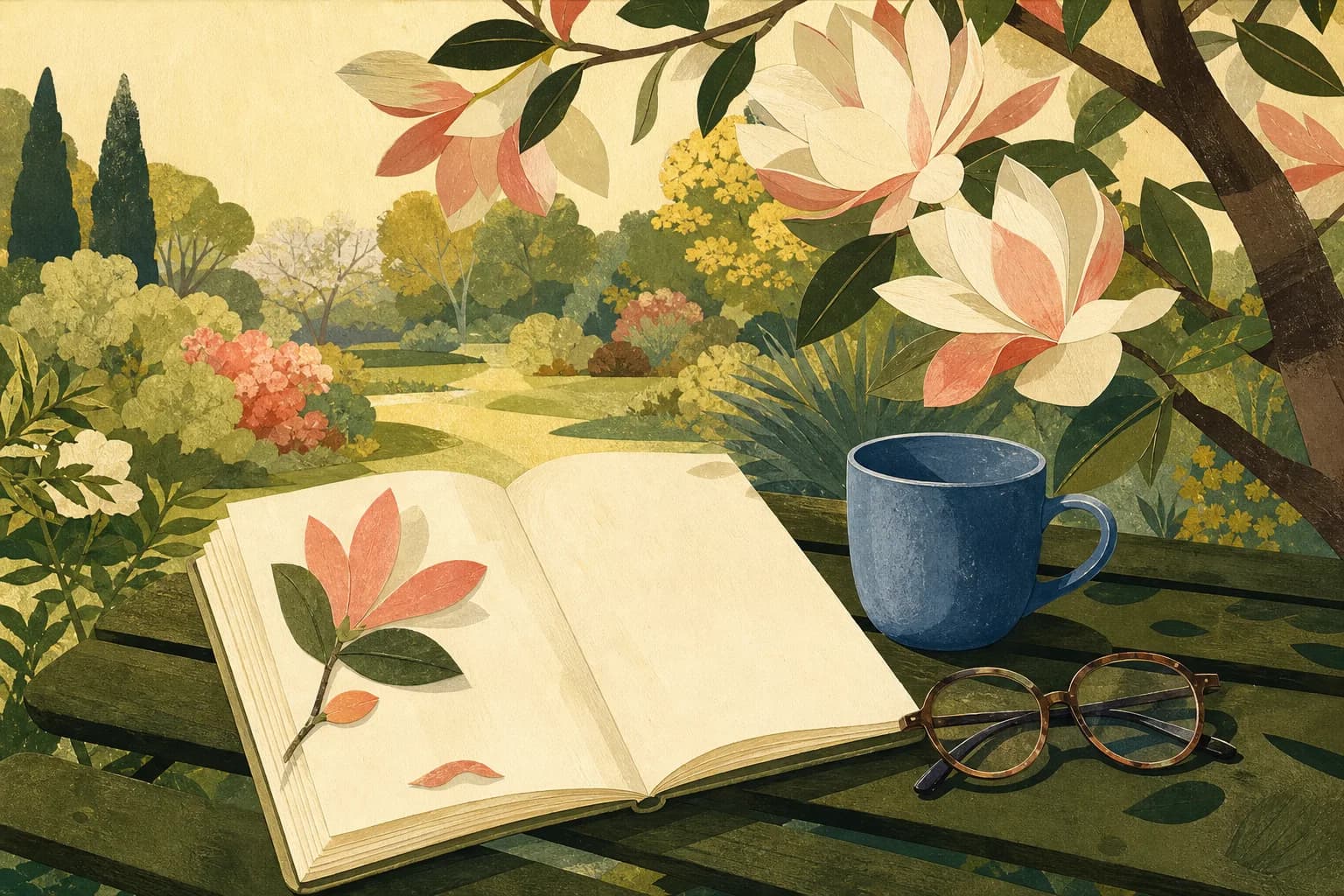 An open field notebook beside a blue ceramic cup and reading glasses on a garden bench under a magnolia tree. Gouache illustration.