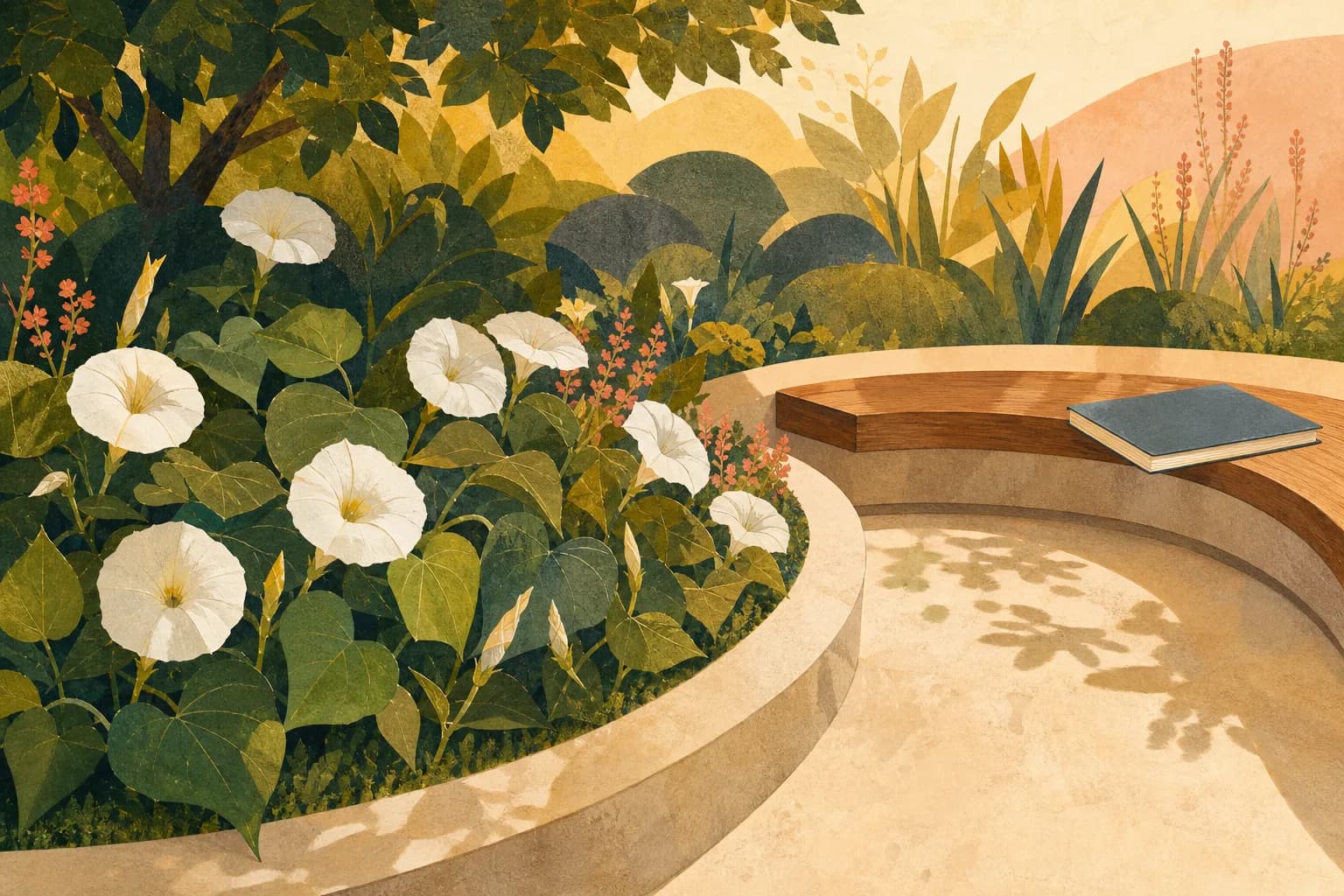 A crescent-shaped garden bed with low moonflowers, warm daylight, a curved bench and a closed notebook. Gouache illustration.