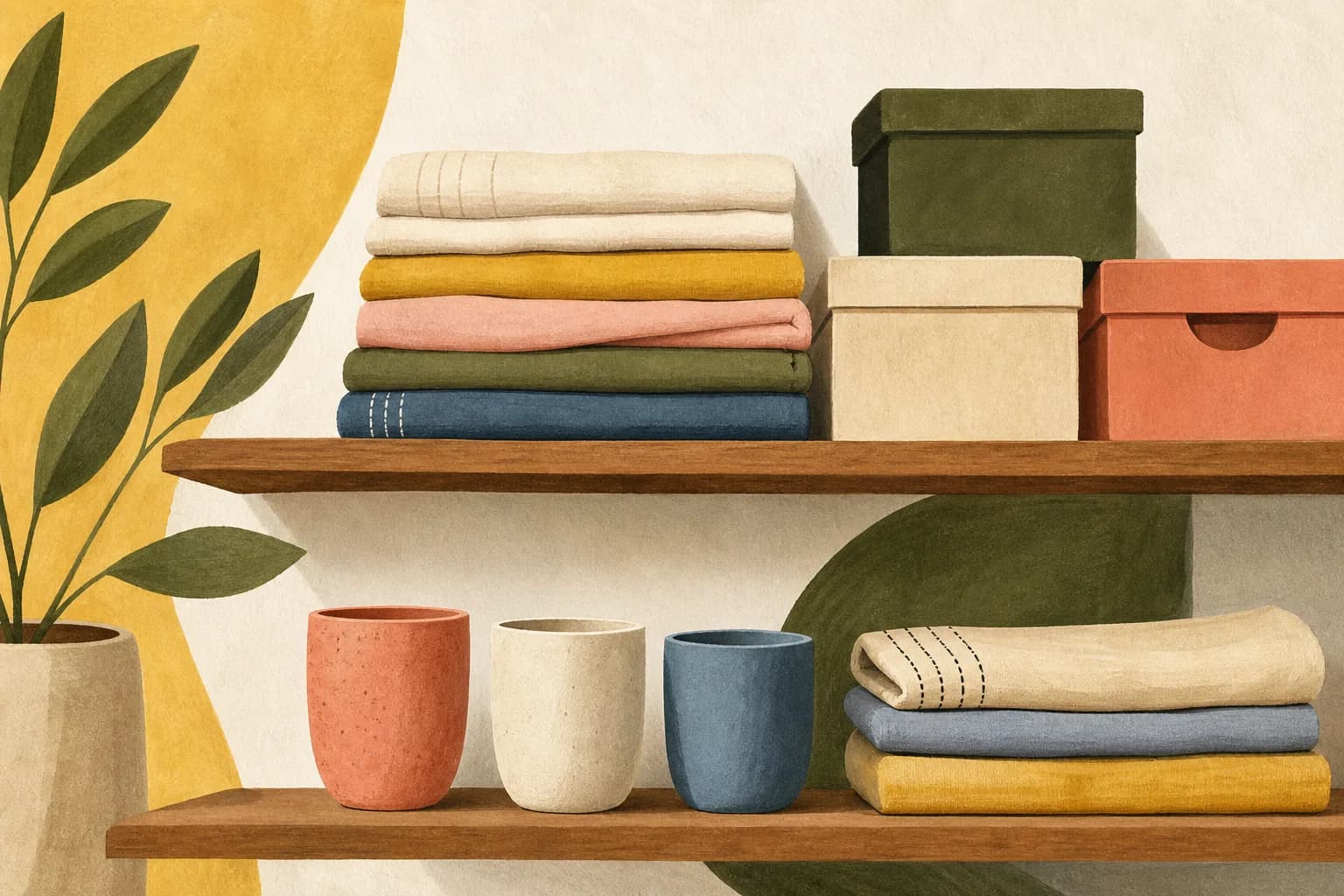 A carefully arranged wall shelf of folded linens, three ceramic cups and simple unlettered storage boxes. Gouache illustration.