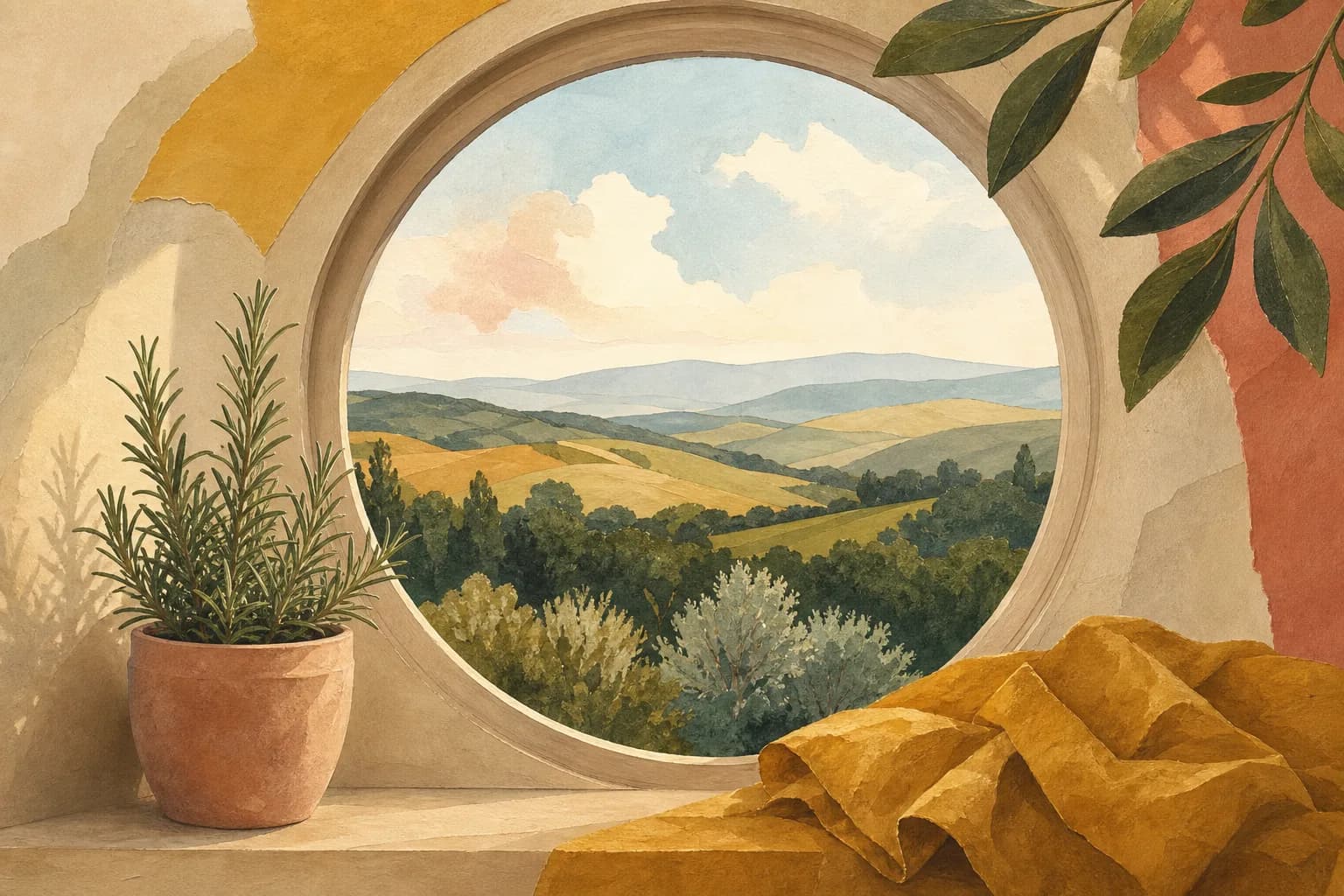 A round greenhouse window framing rolling hills, with a rosemary pot and a folded ochre cloth on the sill. Gouache illustration.