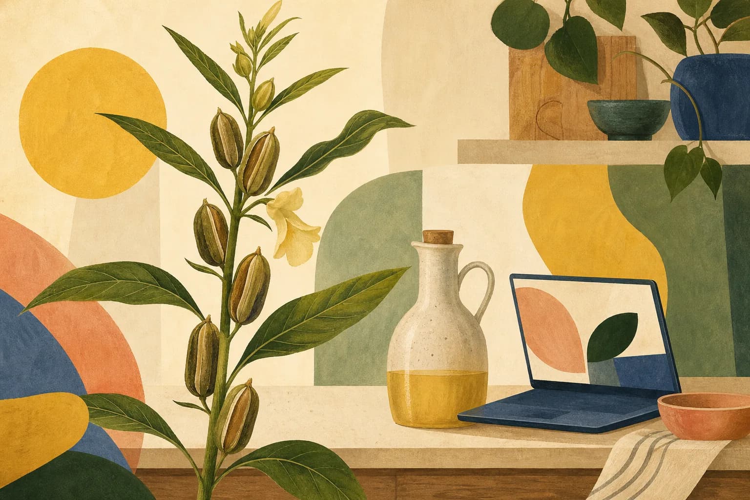 A tall sesame plant with seed pods beside a ceramic oil cruet and a small abstract open laptop on a kitchen counter. Gouache illustration.