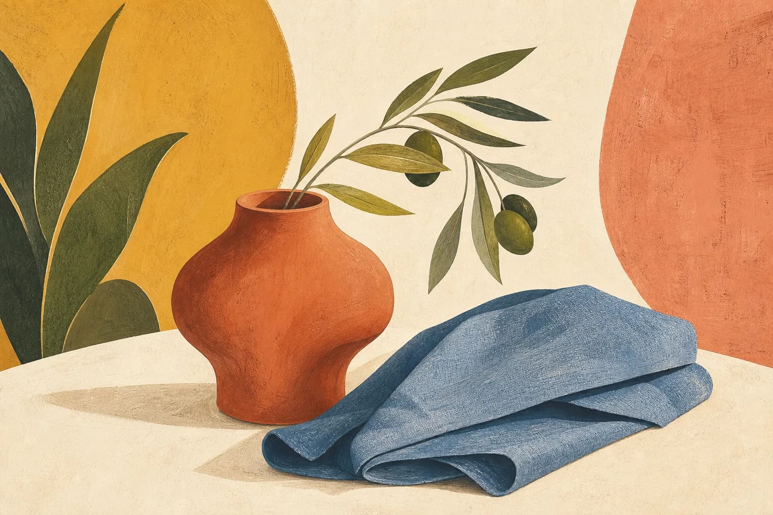 A sculptural rounded terracotta vase and a curved olive branch beside folded blue linen on an ivory table. Gouache illustration.