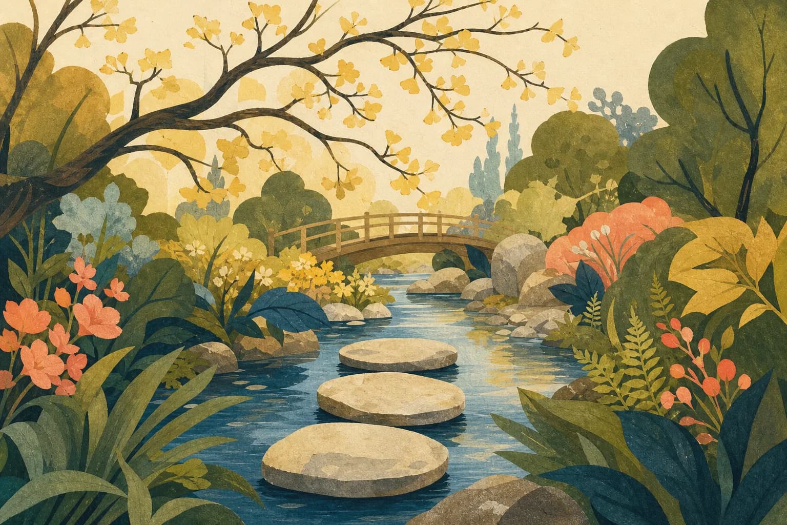 Three stepping stones crossing a narrow garden stream beneath delicate branches and a small wooden bridge in the distance. Gouache illustration.