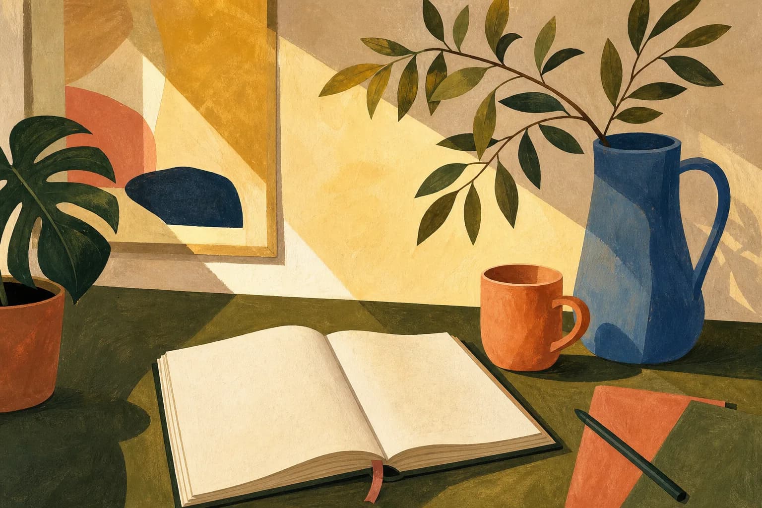 Angular warm sunlight crossing a moss-green writing desk with a blue pitcher, terracotta cup and open blank paper planner. Gouache illustration.